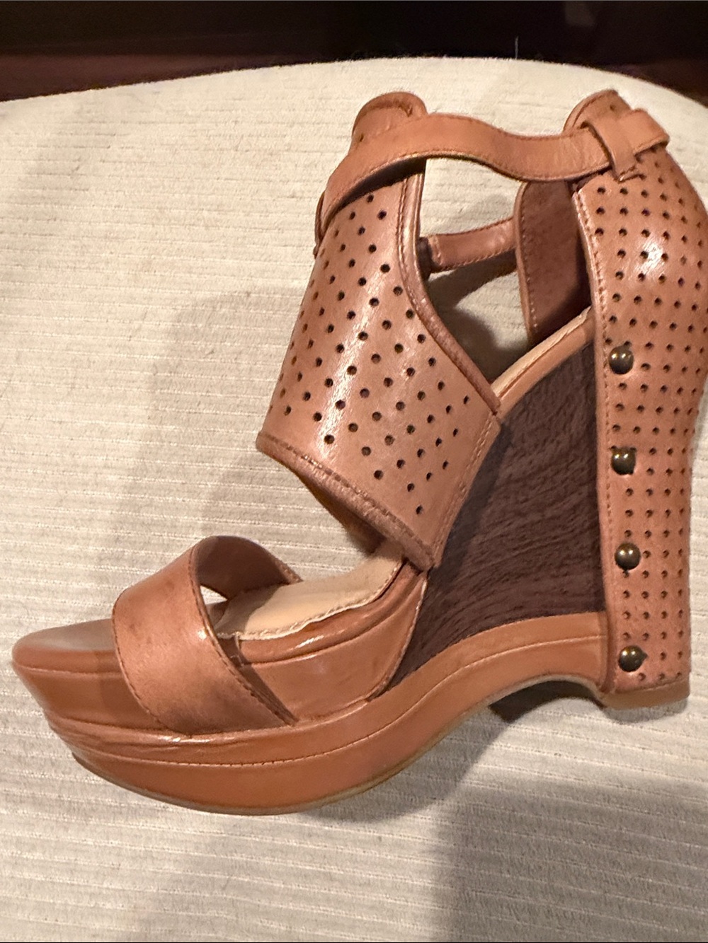 Gianni Bini Tan Perforated Platform Wedge Sandals